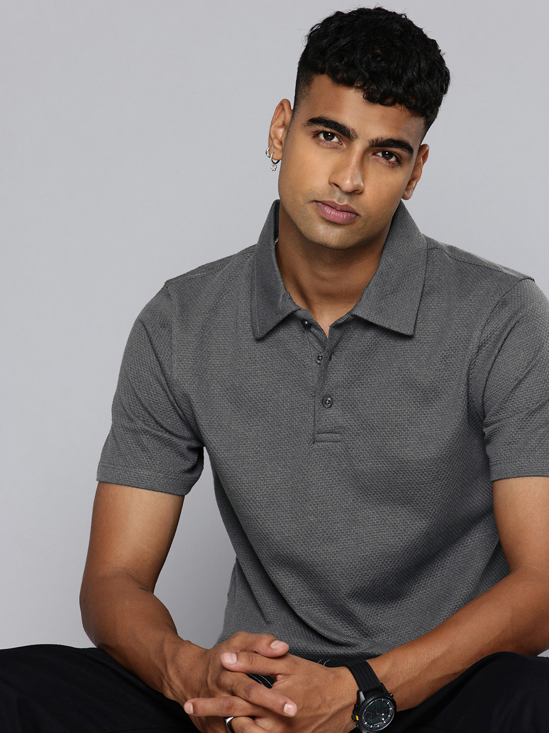 R.Code by The Roadster Life Co. Textured Polo Collar Relaxed Fit T-shirt