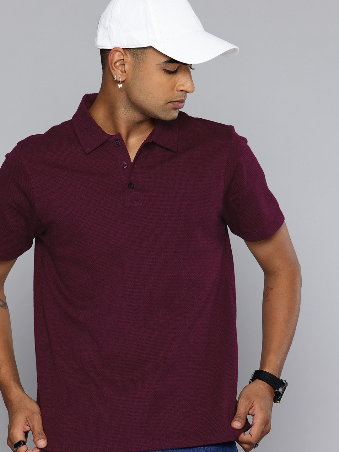 R.Code by The Roadster Life Co. Textured Polo Collar Relaxed T-shirt