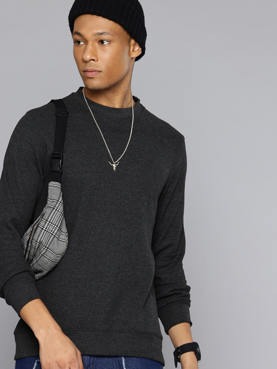 R.Code by The Roadster Life Co. Waffle Textured Round Neck Relaxed Fit T-shirt