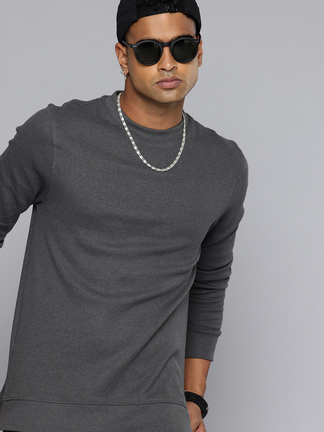 R.Code by The Roadster Life Co. Waffle Textured Round Neck Relaxed Fit T-shirt