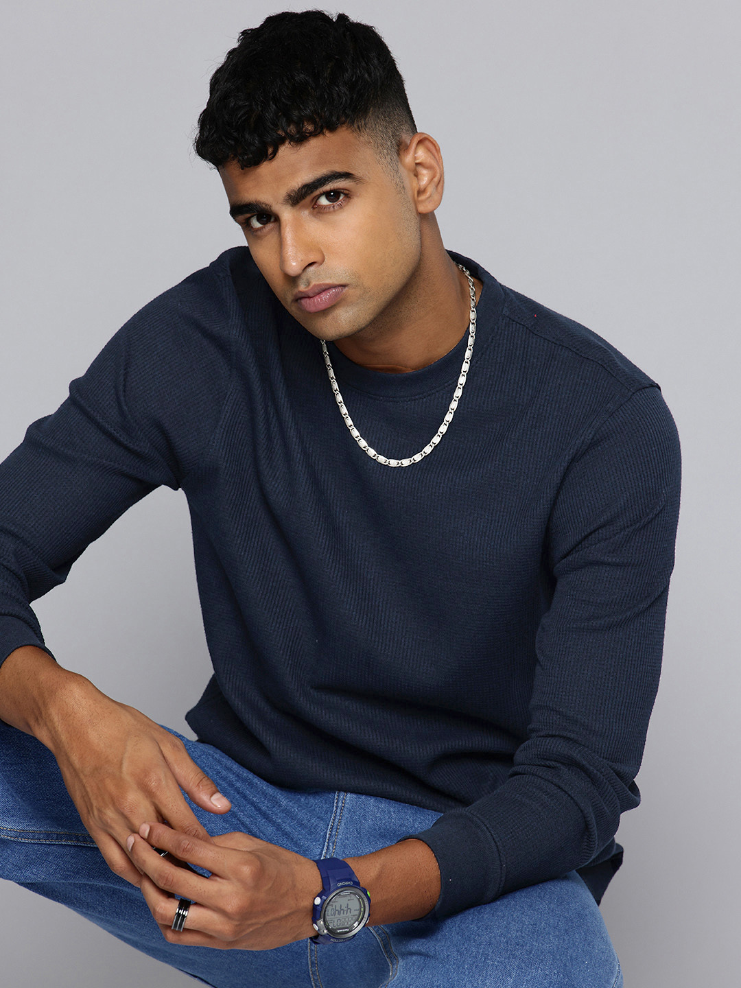 R.Code by The Roadster Life Co. Waffle Textured Round Neck Relaxed Fit T-shirt