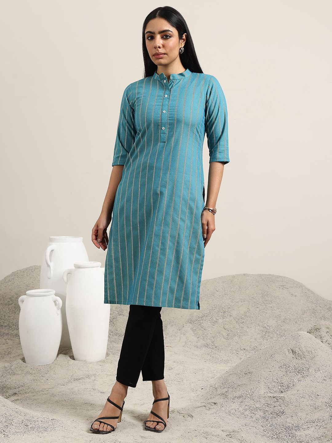 Gerua By Libas Striped Printed Thread Work Band Collar Straight Kurta