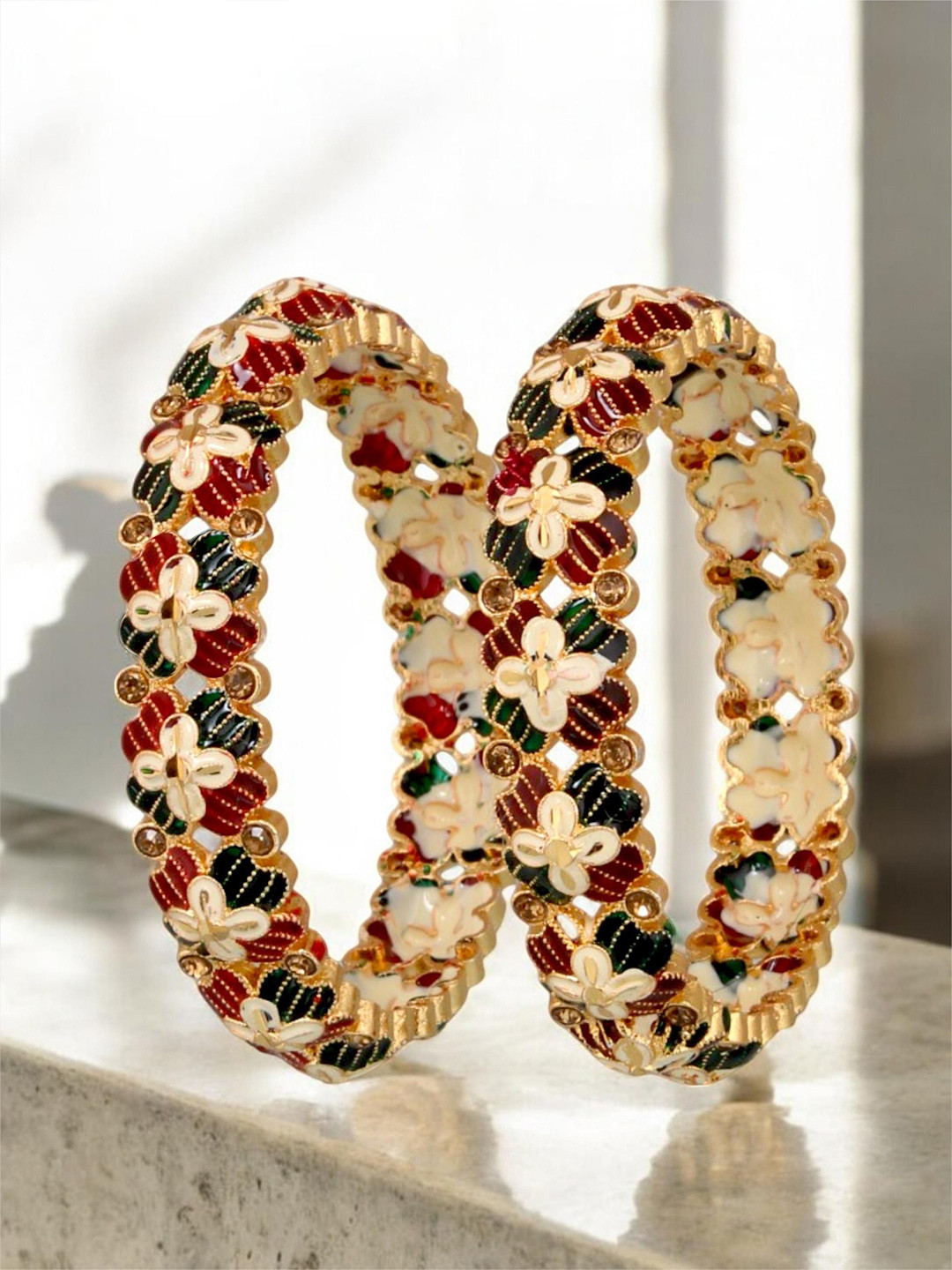 LUCKY JEWELLERY Set Of 2 18K One Gram Gold-Plated Stone Studded Bangles