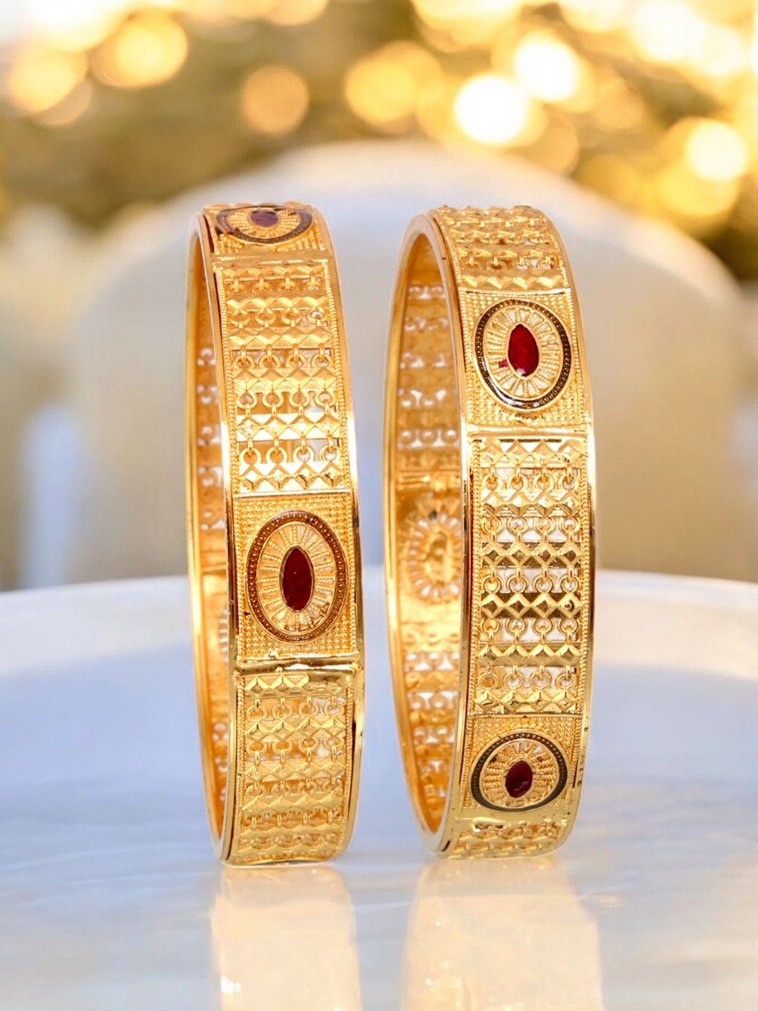 LUCKY JEWELLERY Set Of 2 18K 1 Gram Gold Plated Stone-Studded Bangles