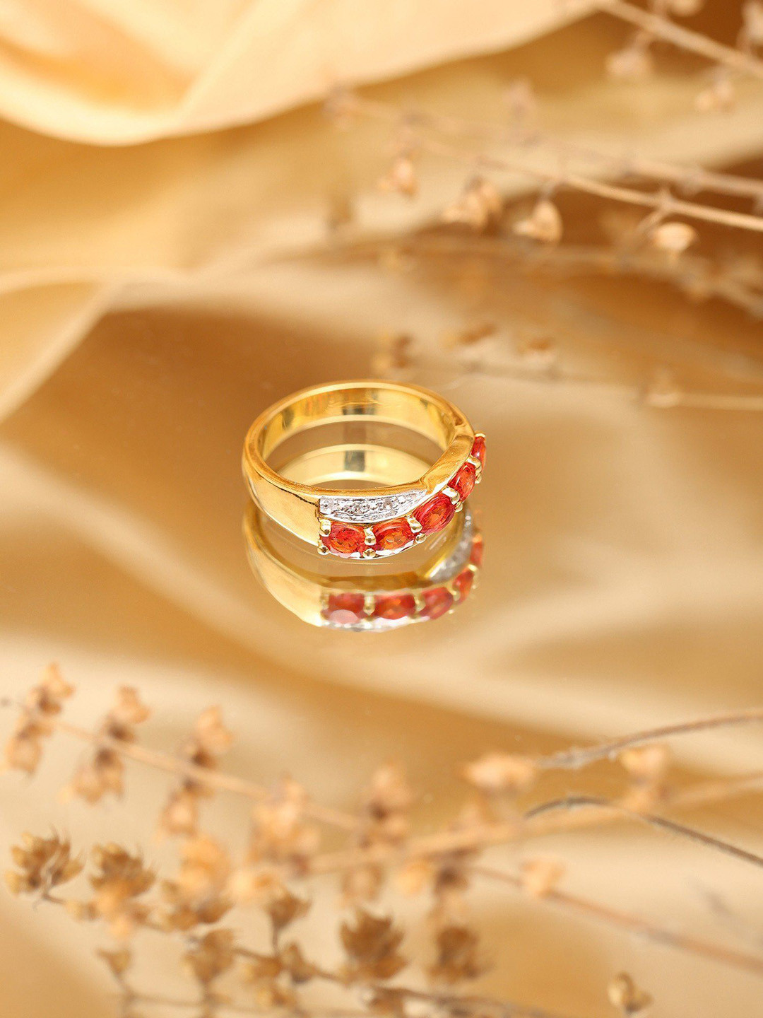 Exotic India Gold Plated Sterling Silver Ring with Faceted Orange Sapphire