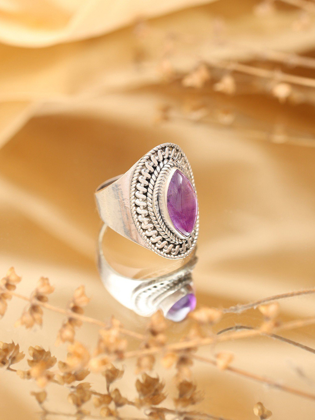 Exotic India Sterling Silver Ring with Marquise Cut Cabochon Amethyst