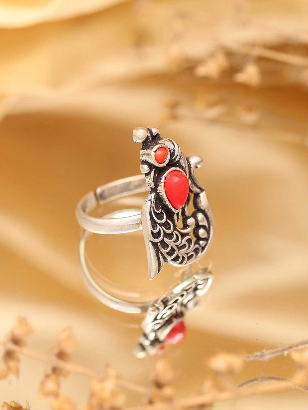 Exotic India Adjustable Sterling Silver Peacock Ring with Coral Gemstone