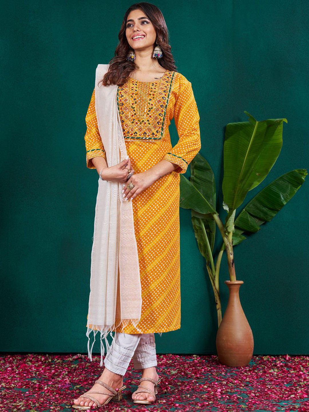 ARADHNA Bandhani Printed Sequence Round Neck Kurta With Trouser & Dupatta