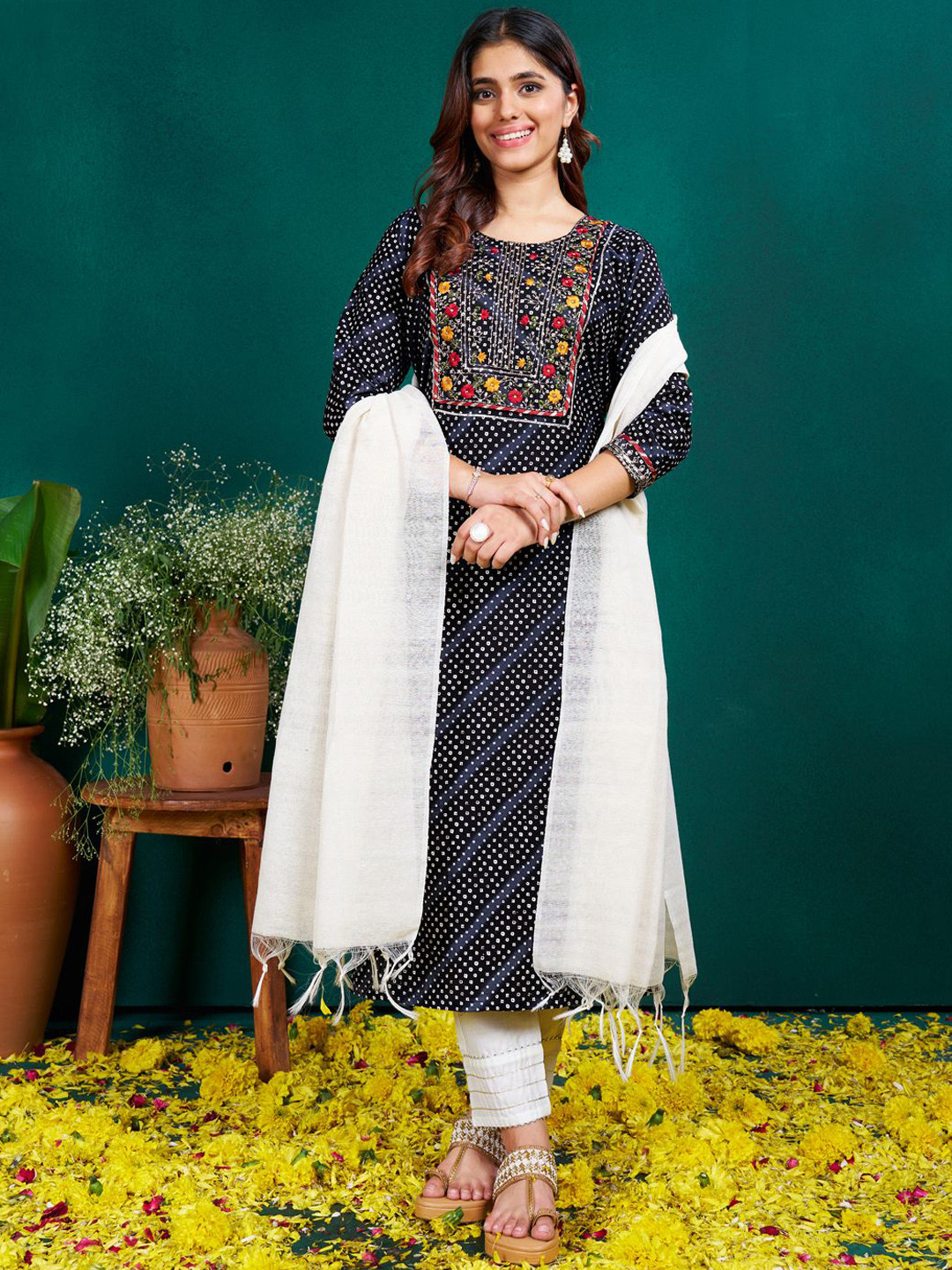 ARADHNA Bandhani Printed Sequence Round Neck Kurta With Trouser & Dupatta