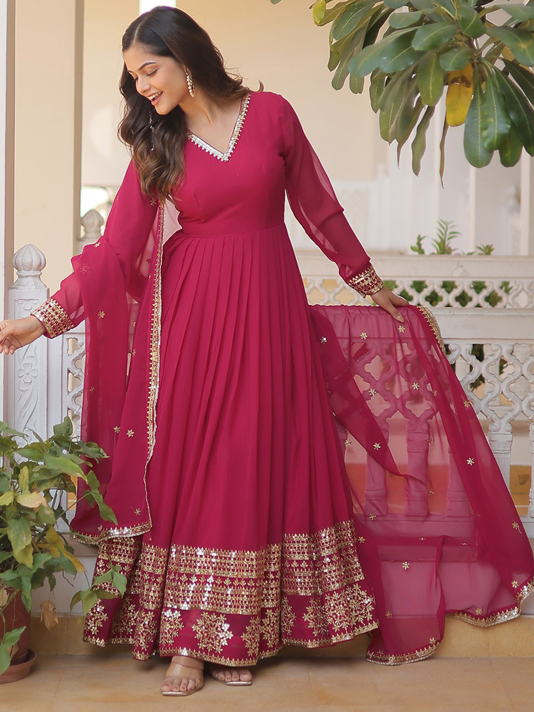 KALINI Women Sequin Embroidered Anarkali Dress With Dupatta