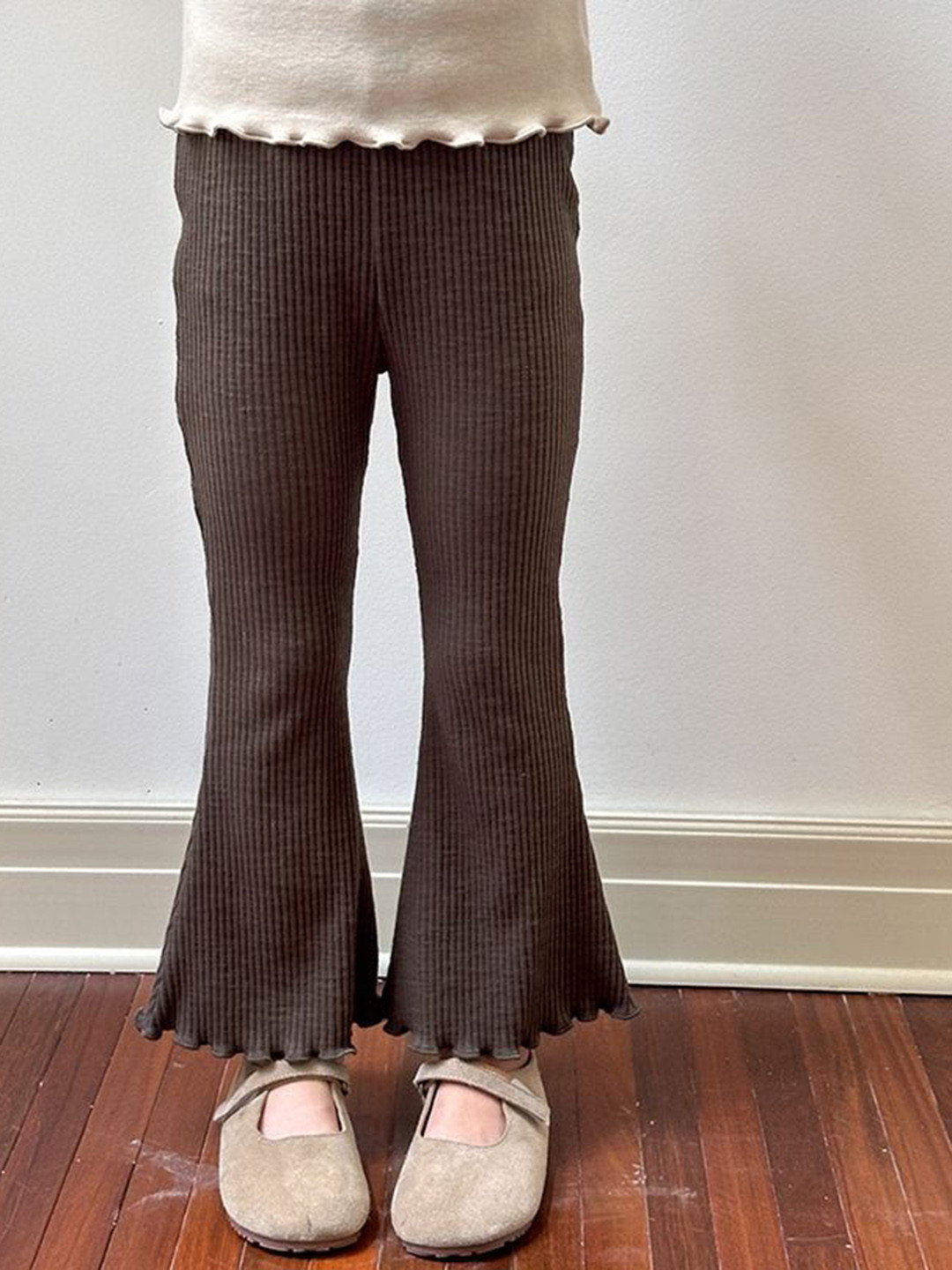 LULU & SKY Girls Rib Knit Lettuce Trimmed Flared Trousers
