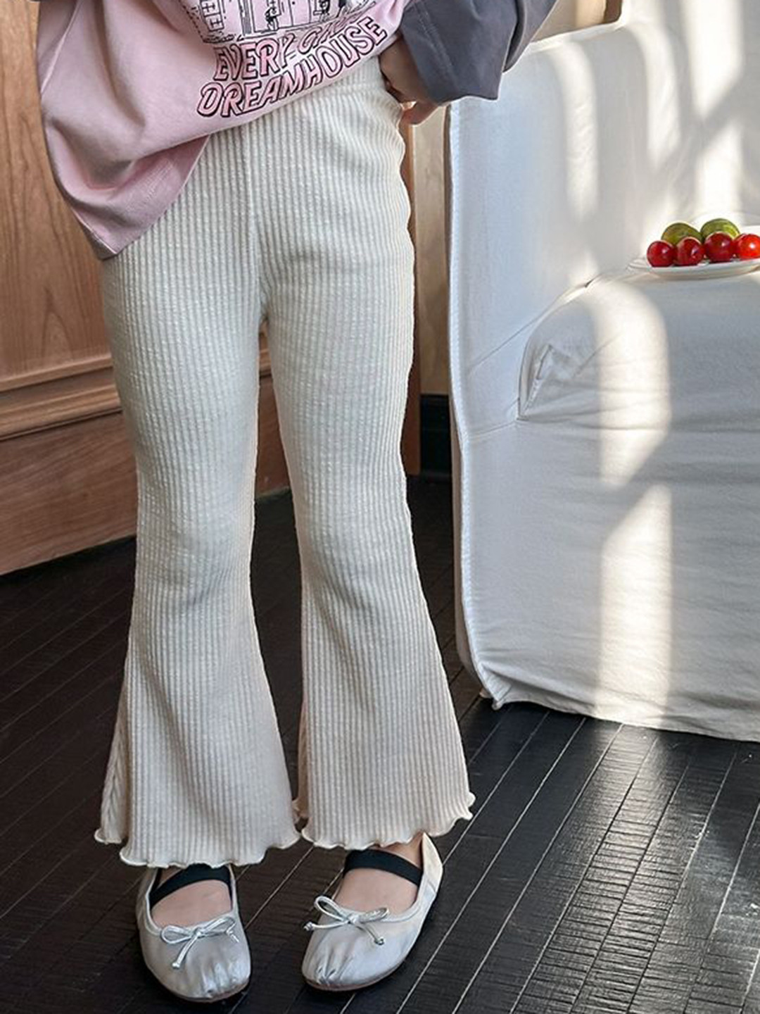 LULU & SKY Girls Rib-Knit Lettuce-Trimmed Flared Trousers