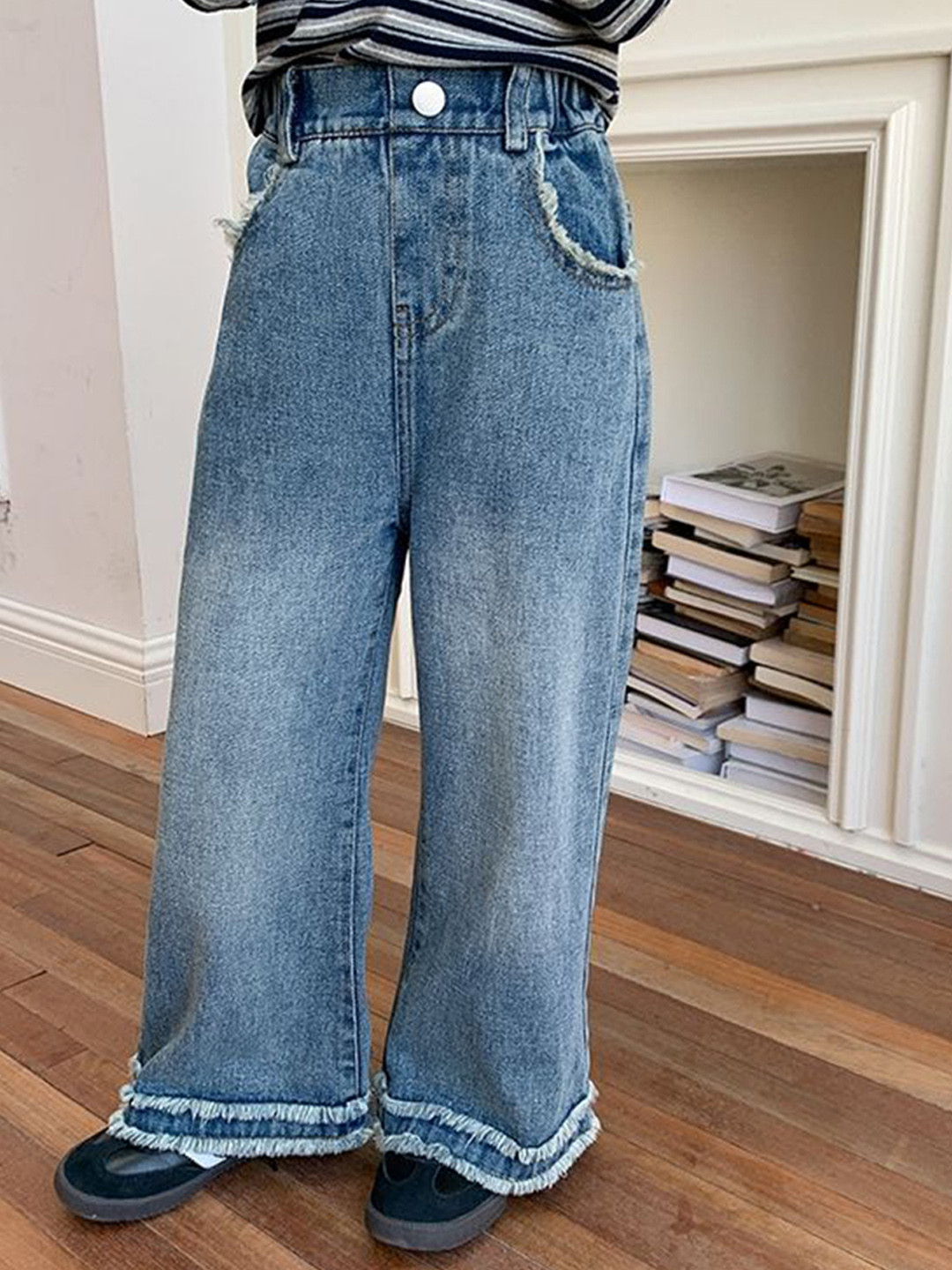 LULU & SKY Girls Straight Fit Fringe-trimmed Light Fade Jeans