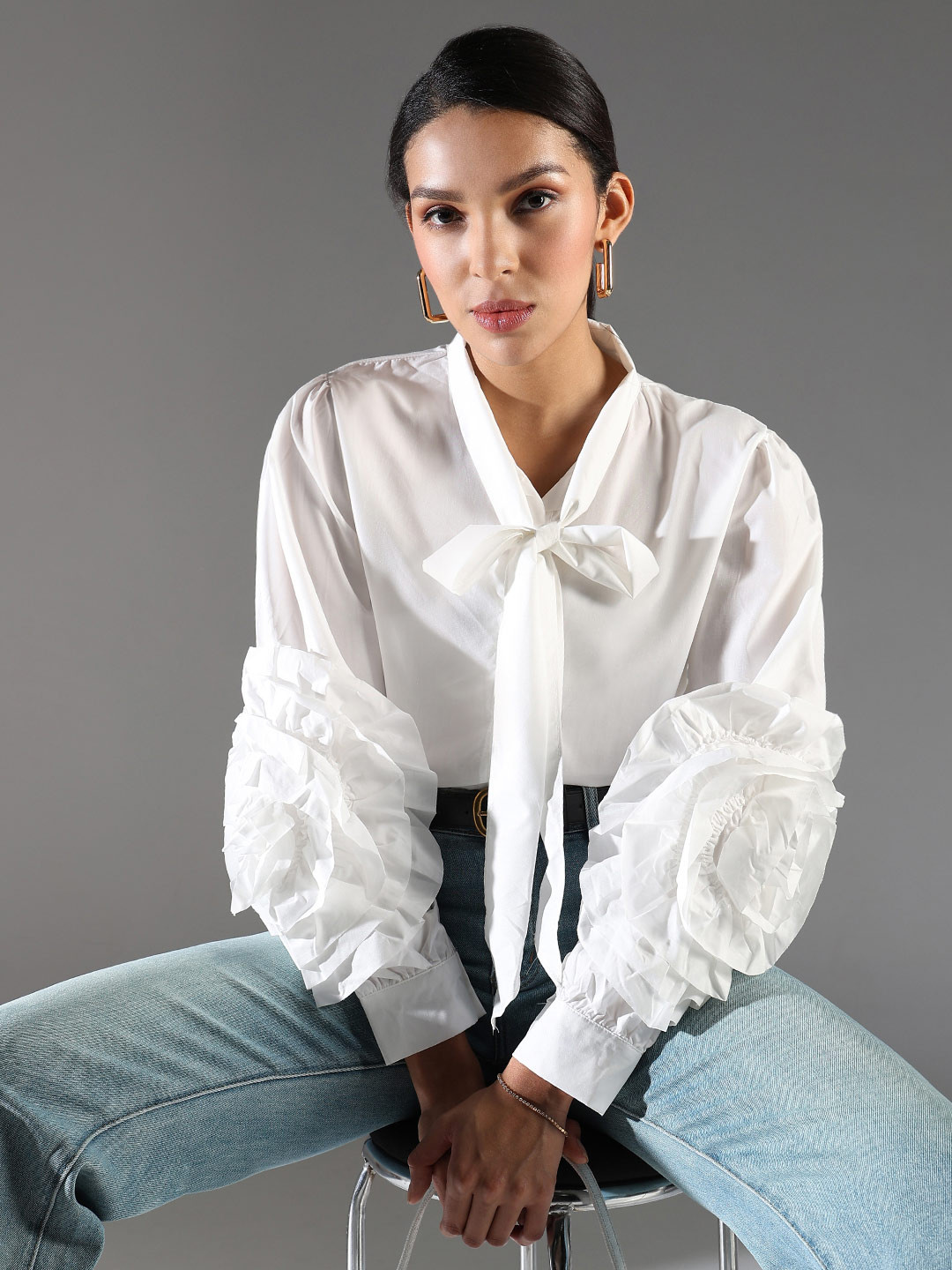 SHOWOFFFF Women Tie-Up Neck Ruffled Cotton Top
