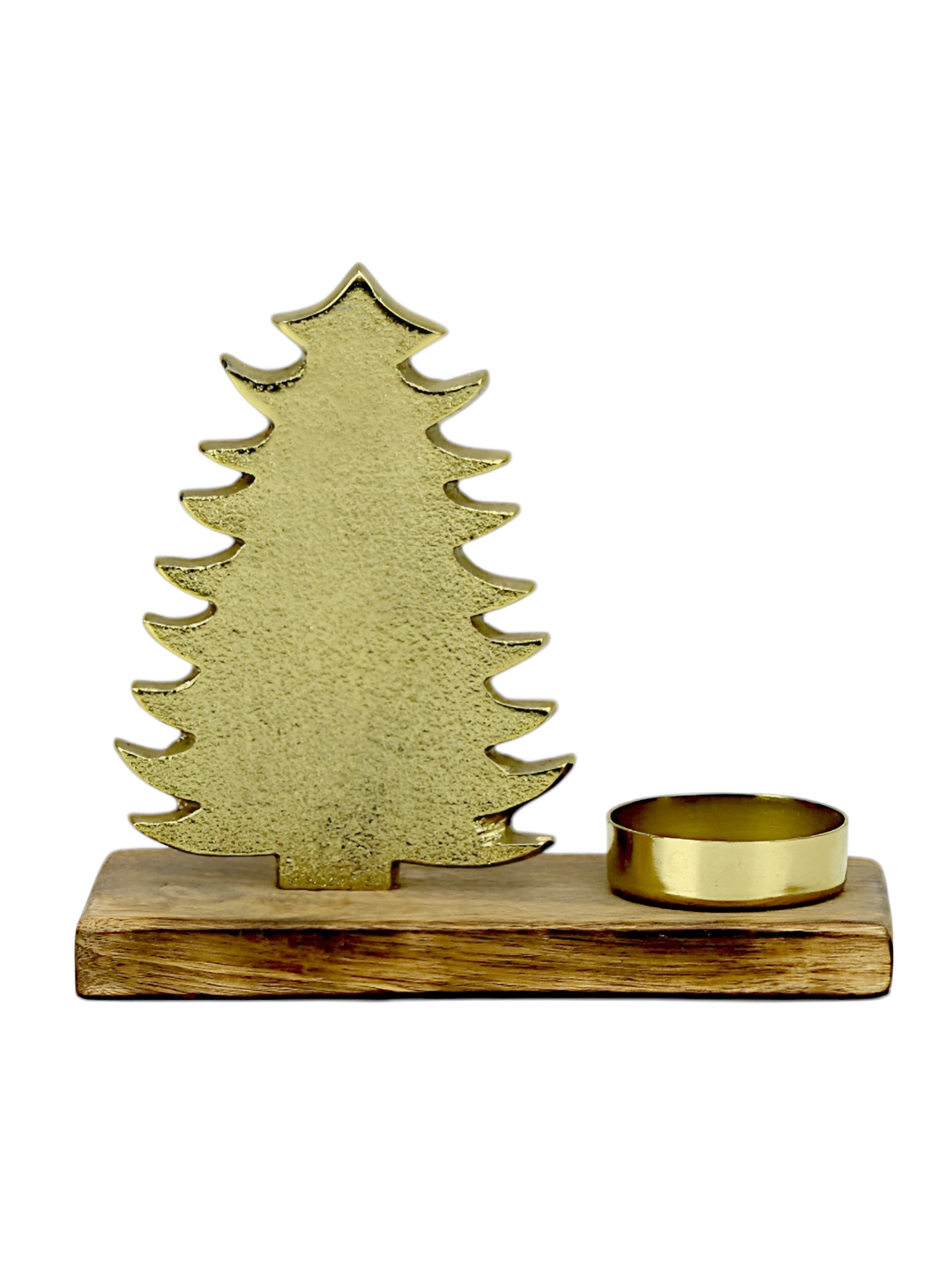 Hind Decor Gold-Toned Textured Aluminium Christmas Tree With Wooden Base Candle Holder