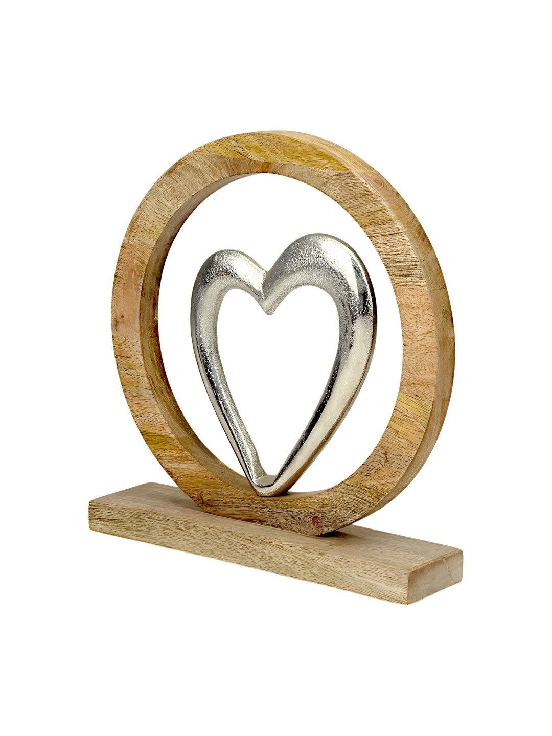 Hind Decor Heart in Circle on Base Silver Wood Natural Living Room Hand-Crafted Medium Showpiece - 10.6 Inches