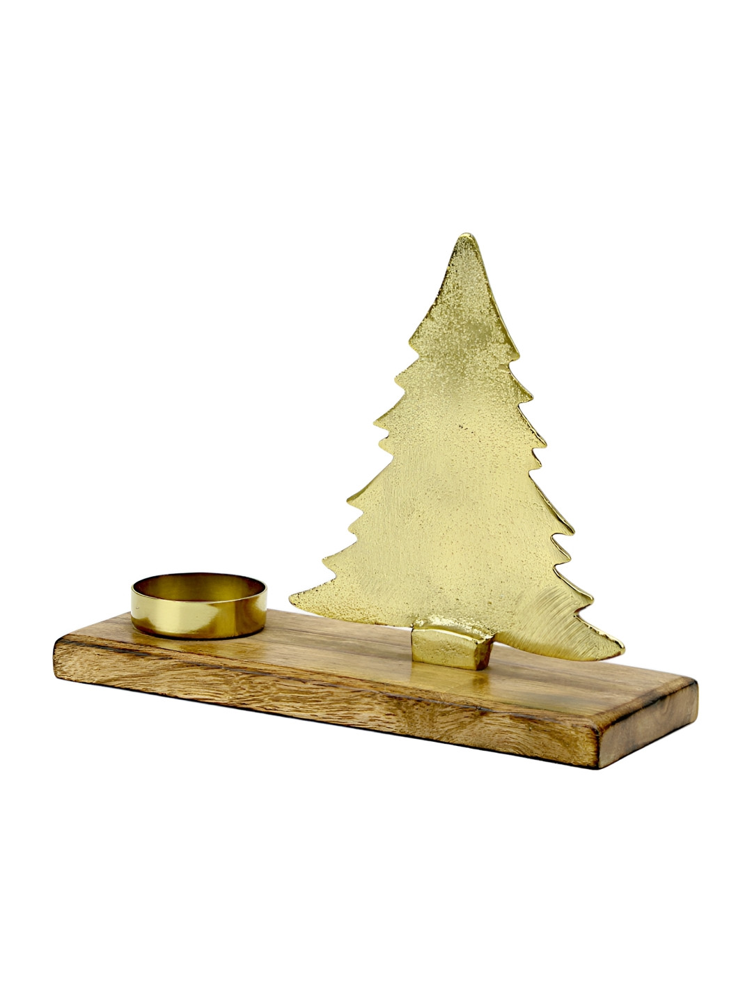 Hind Decor Gold Toned Tree Figurine With Wooden Base Candle Holder
