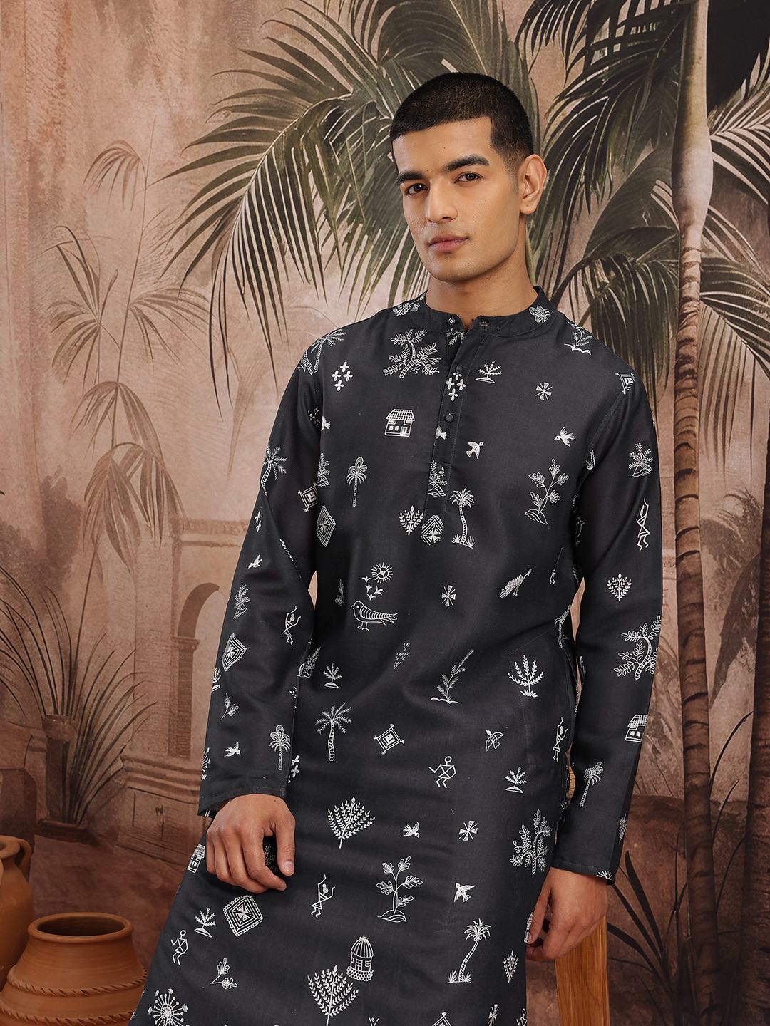 Sangria Tropical Print Pure Cotton Monochrome Kurta with Pyjamas