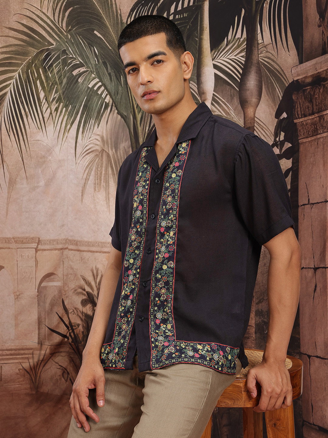 Sangria Cuban Collar Floral Print Paneled Ethnic Shirt