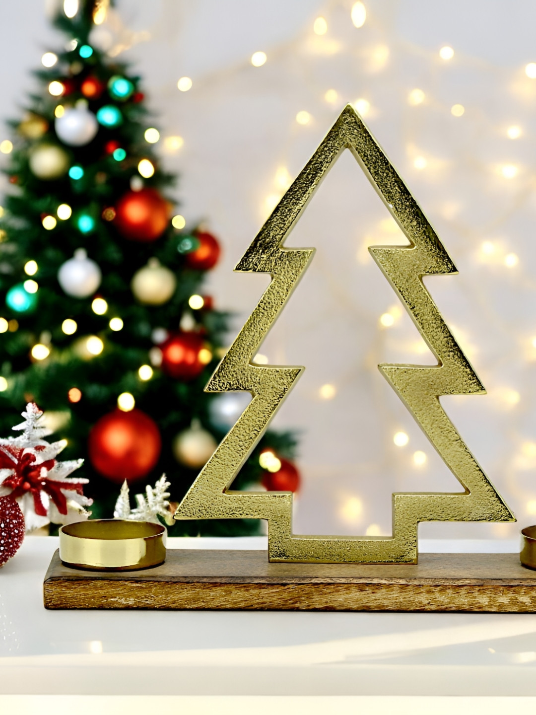 Hind Decor Gold-Toned Aluminium Christmas Tree Textured Candle Holder