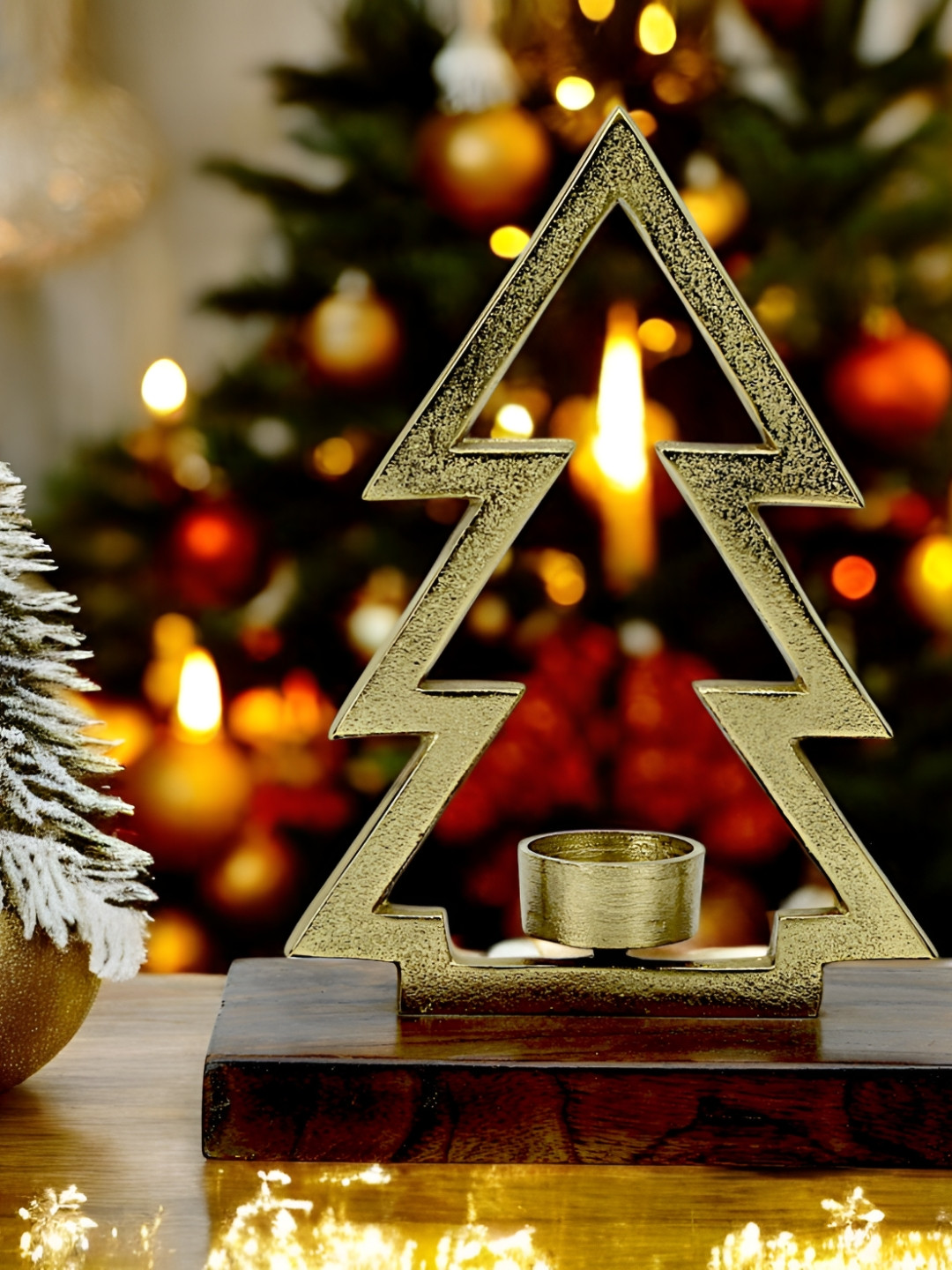 Hind Decor Gold-Toned & Brown Hollow Christmas Tree Shaped Candle Holder