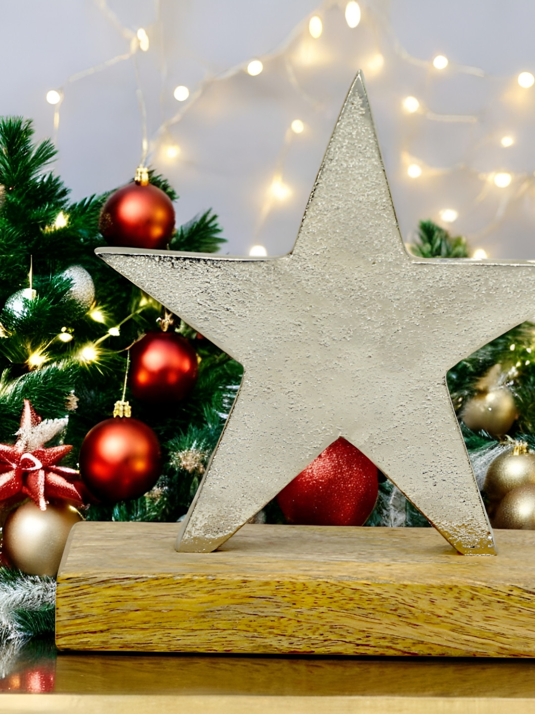 Hind Decor Christmas Star Silver Metal Metallic Prayer Room Hand-Crafted Medium Showpiece - 6.1 Inches