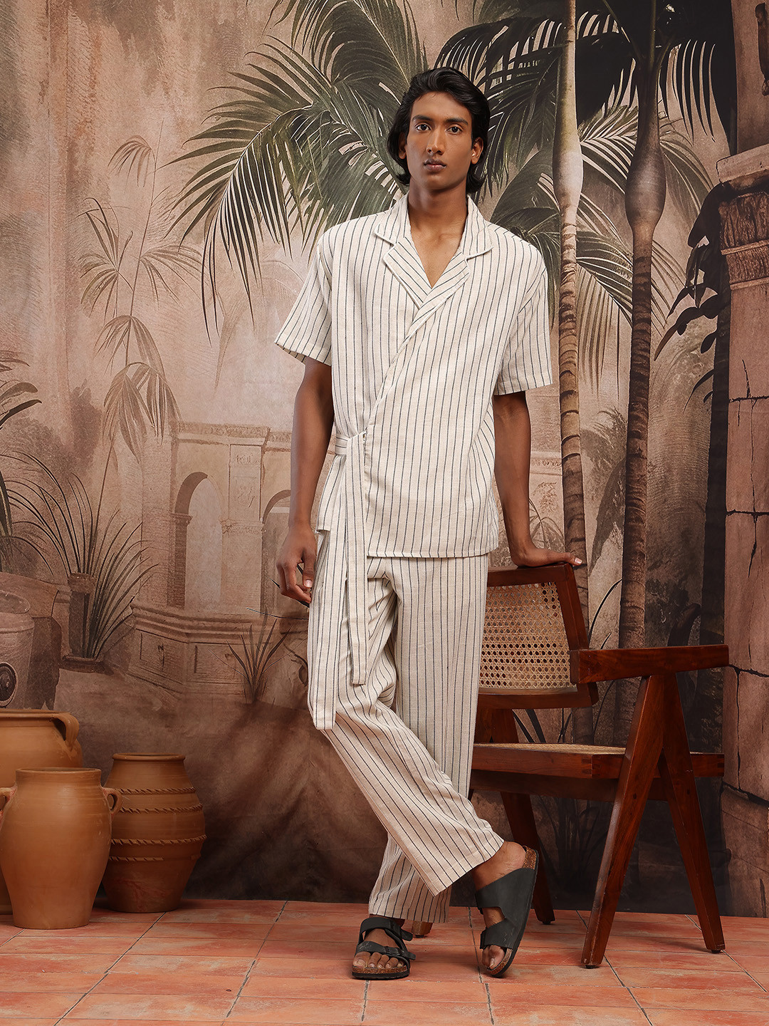 Sangria Wrap Tie-Up Shirt Striped Pure Cotton Co-Ords