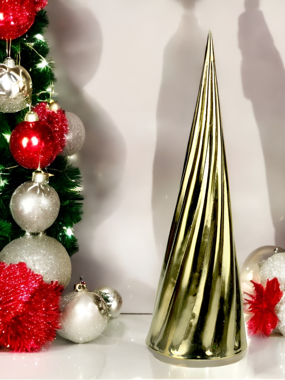 Hind Decor Christmas Cone Gold Metal Metallic Living Room Medium Showpiece - 18.1 Inches