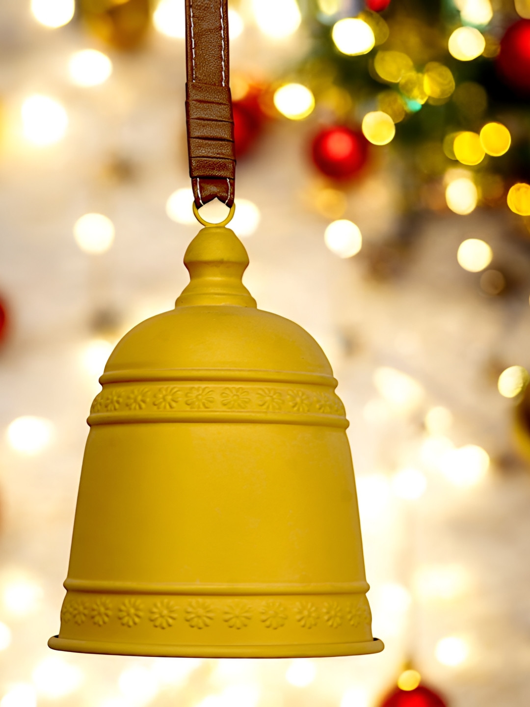 Hind Decor Yellow Textured Metal Hanging Bell Bright Holiday Decor