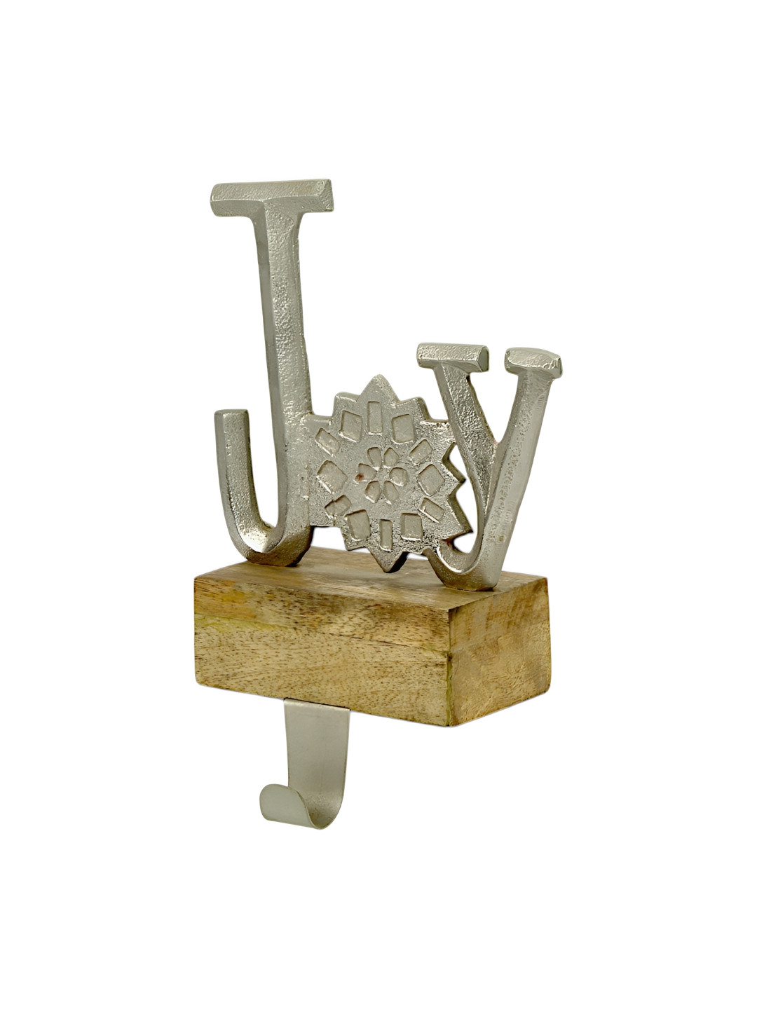 Hind Decor Silver-Toned & Brown Joy on Wooden Base Stocking Holder