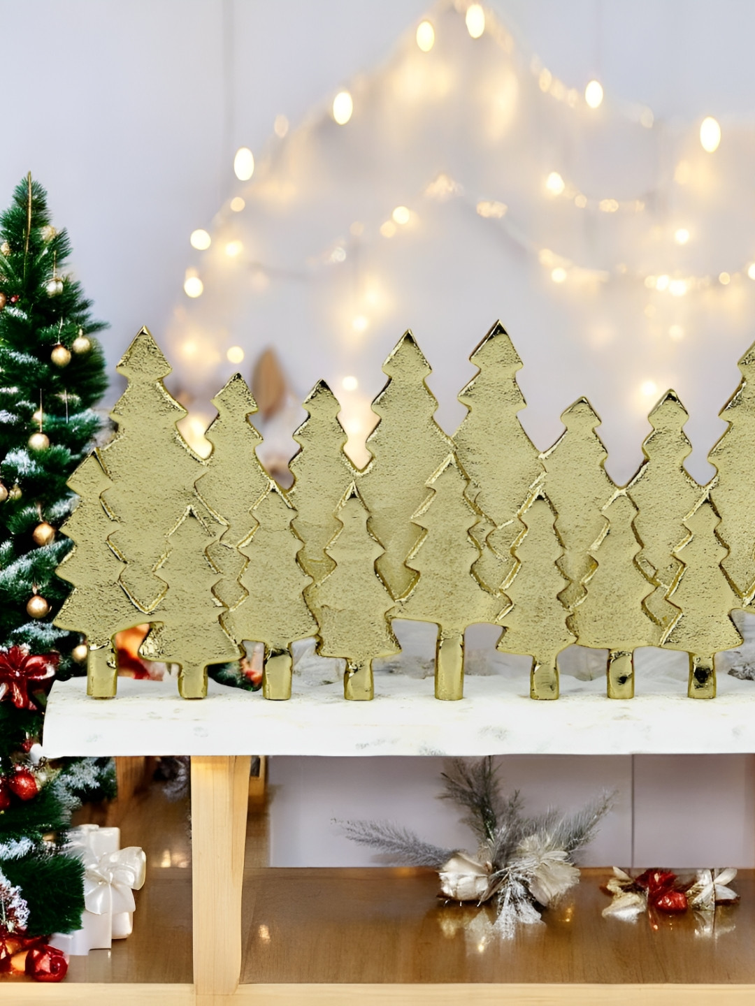 Hind Decor Christmas Trees Gold Metal Metallic Living Room Small Showpiece - 7.1 Inches