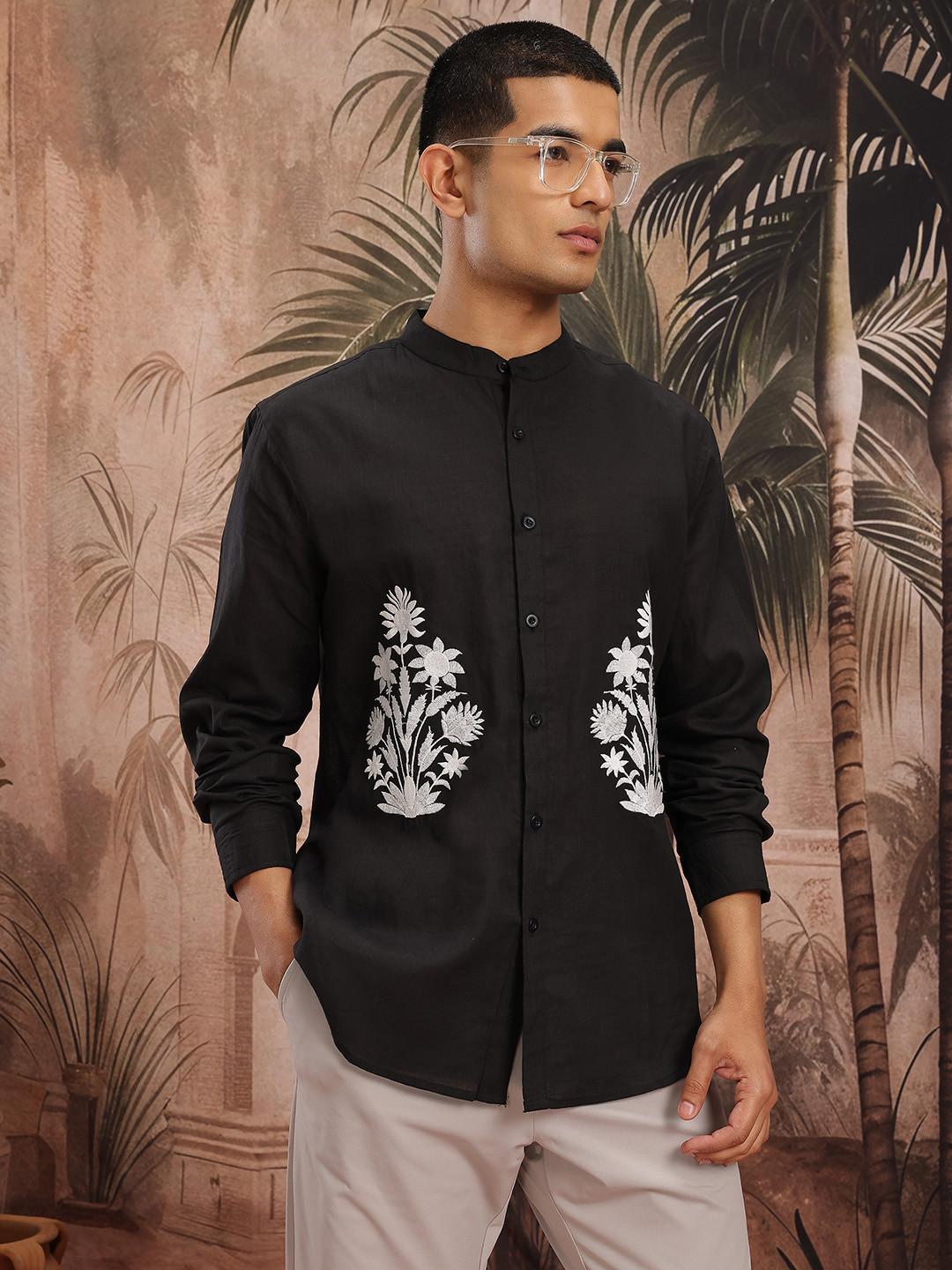 Sangria Band Collar Floral Embroidered Ethnic Shirt