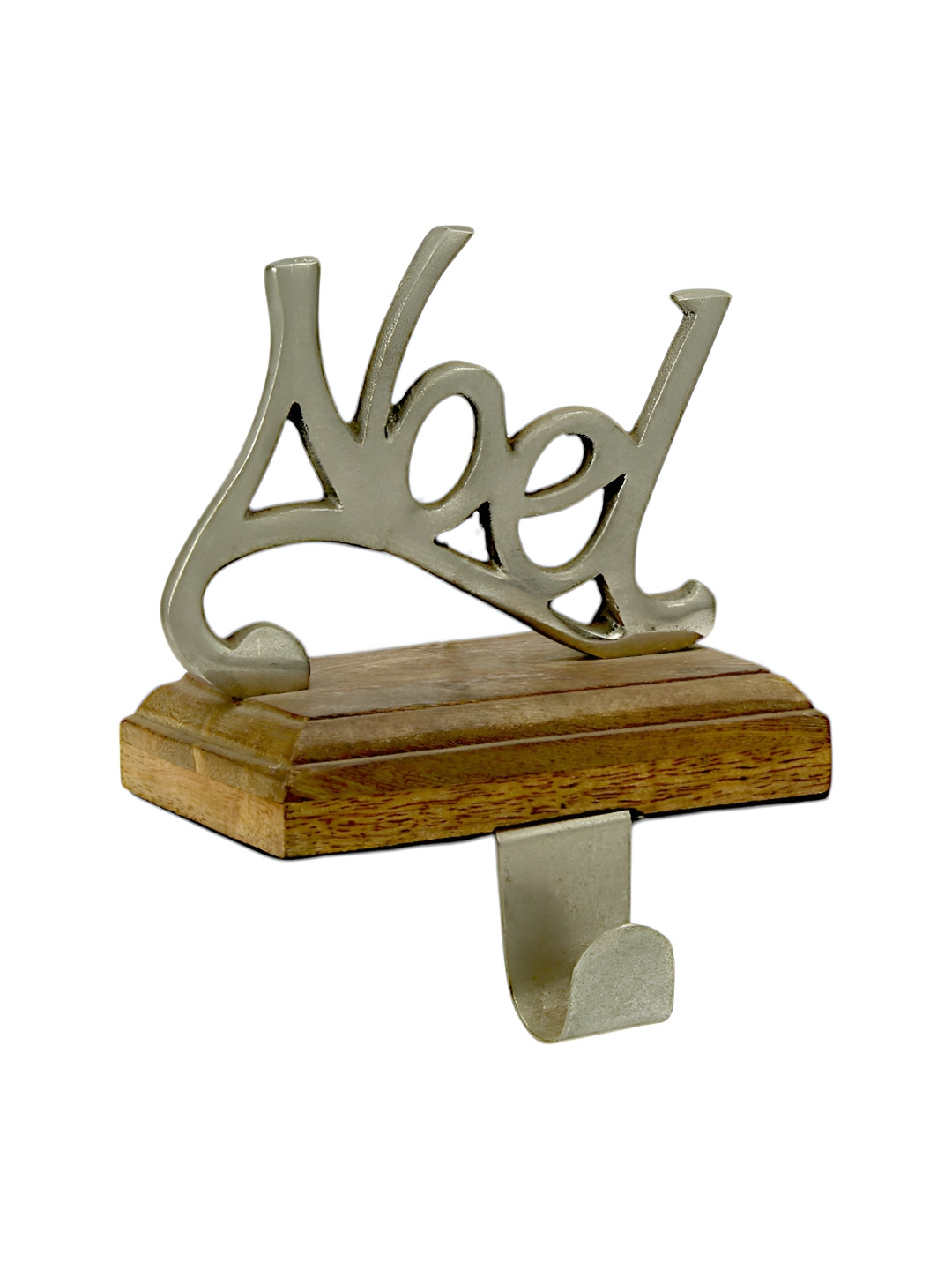 Hind Decor Silver-Toned Noel On Wooden Base Stocking Holder