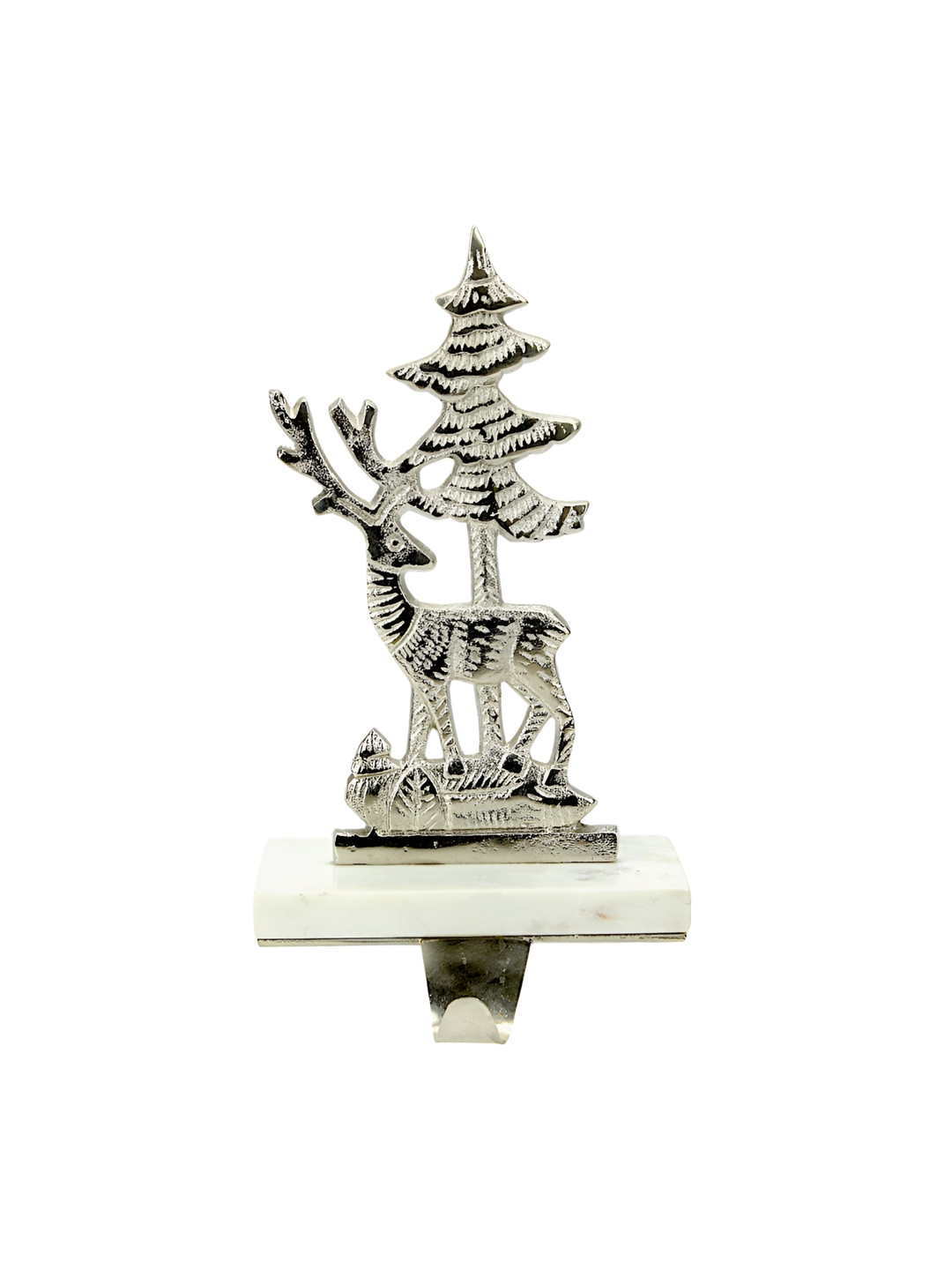 Hind Decor Silver-Toned Aluminium Christmas Reindeer With Tree Marble Base Stocking Holder