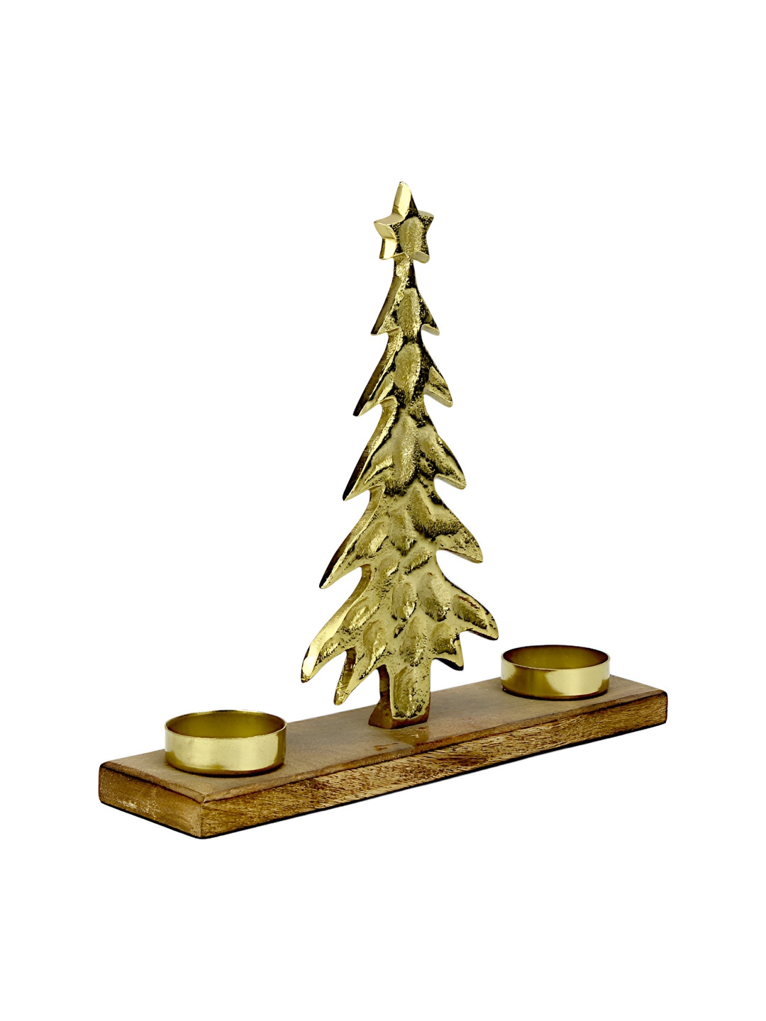 Hind Decor Gold-Toned & Brown Christmas Tree Shaped Two Wooden Base Candle Holder