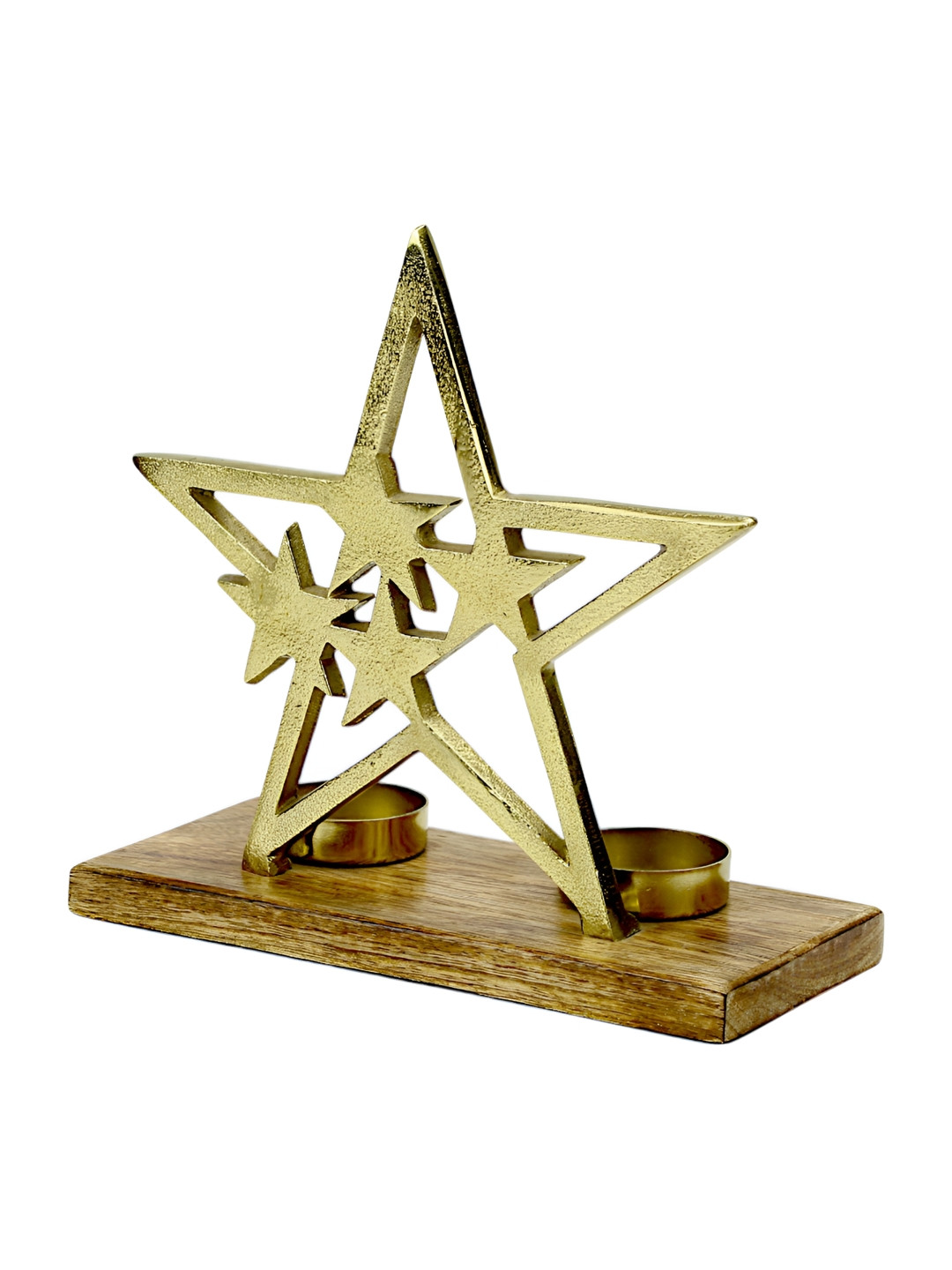 Hind Decor Gold Toned Aluminium & Wooden Base Christmas Star Candle Holder