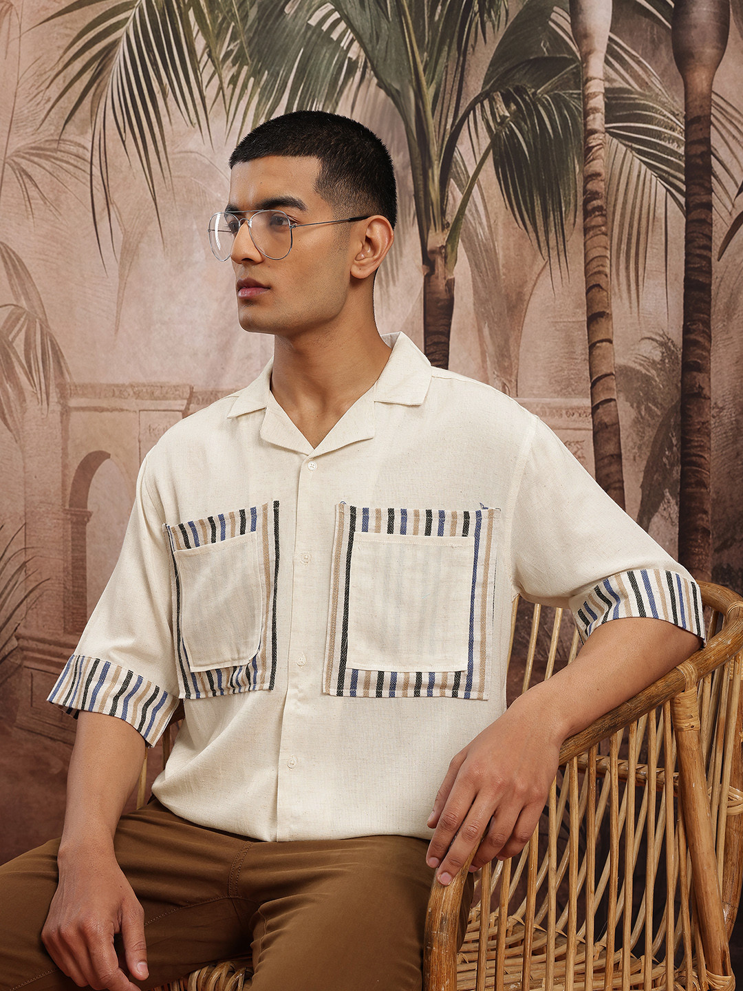 Sangria Men Striped Box Pockets Pure Cotton Ethnic Relaxed Fit Shirt