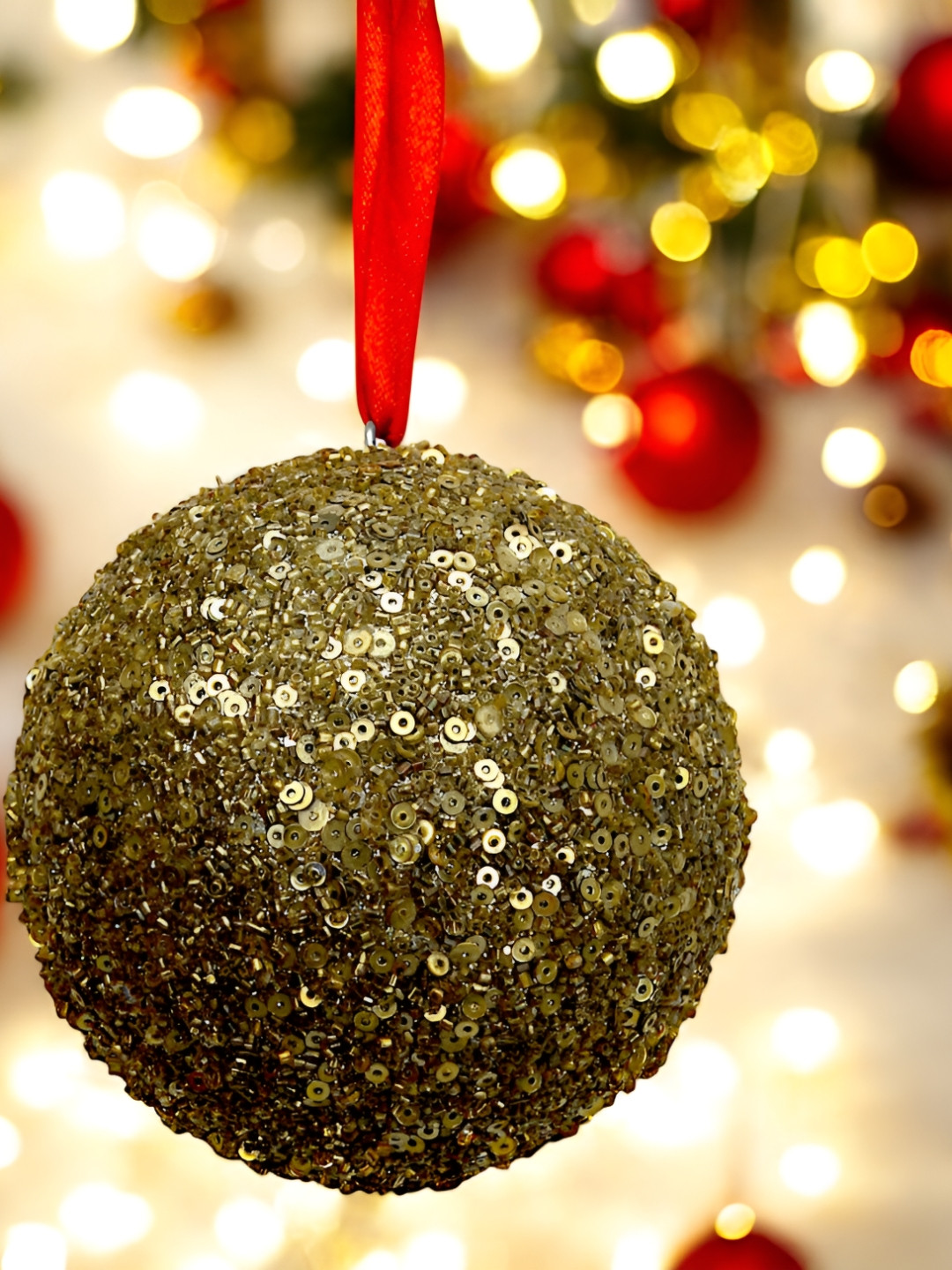 Hind Decor Brown & Red Glittered Hanging Metal Christmas Ball