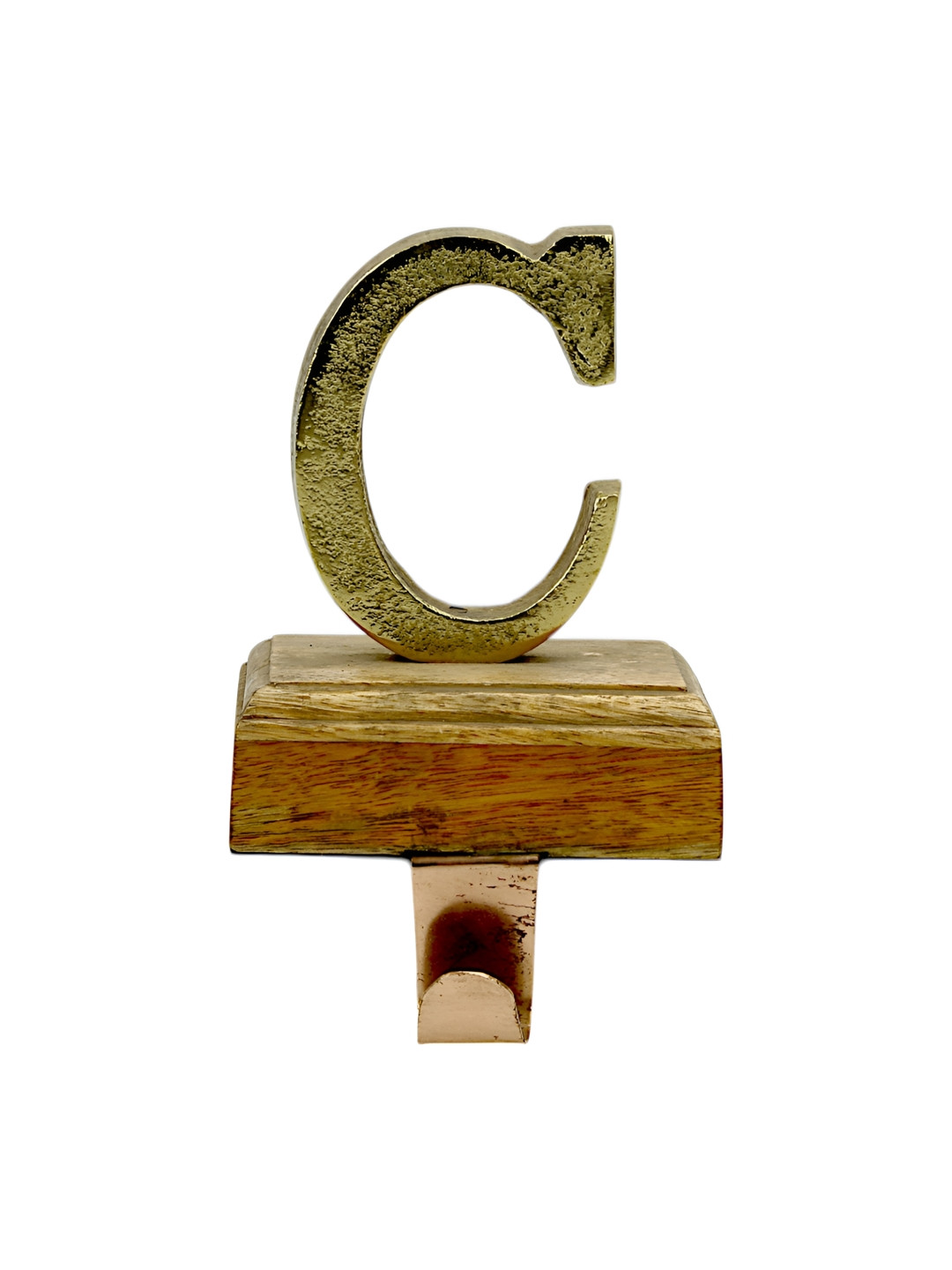 Hind Decor Gold Toned & Brown 'C' On Wooden Base Stocking Holder