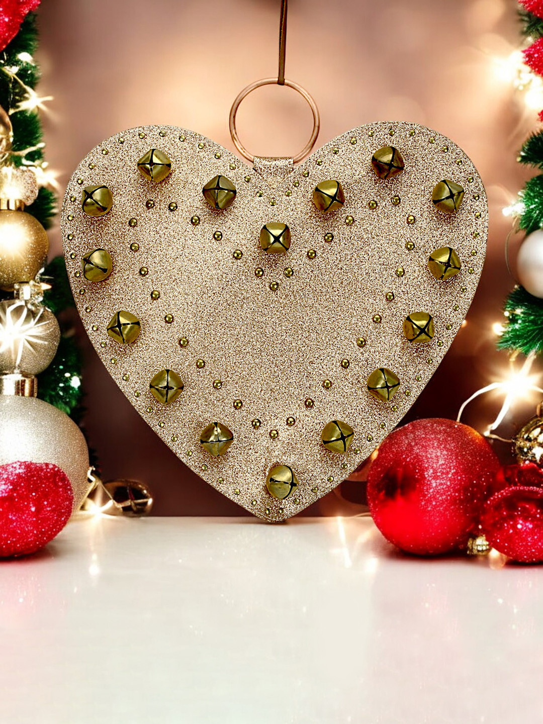 Hind Decor Gold-Toned and Beige Hanging Christmas Heart With Bells Festive Decor