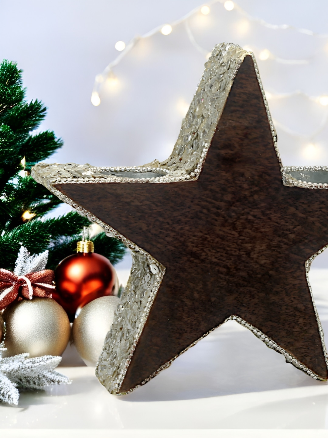 Hind Decor Silver-Toned & Brown Wooden Christmas Star Candle Holder