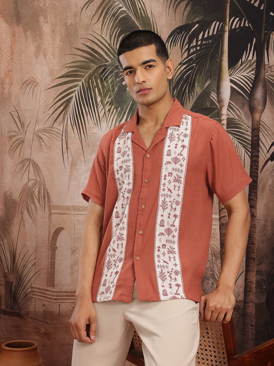 Sangria Cuban Collar Tribal Print Paneled Casual Shirt