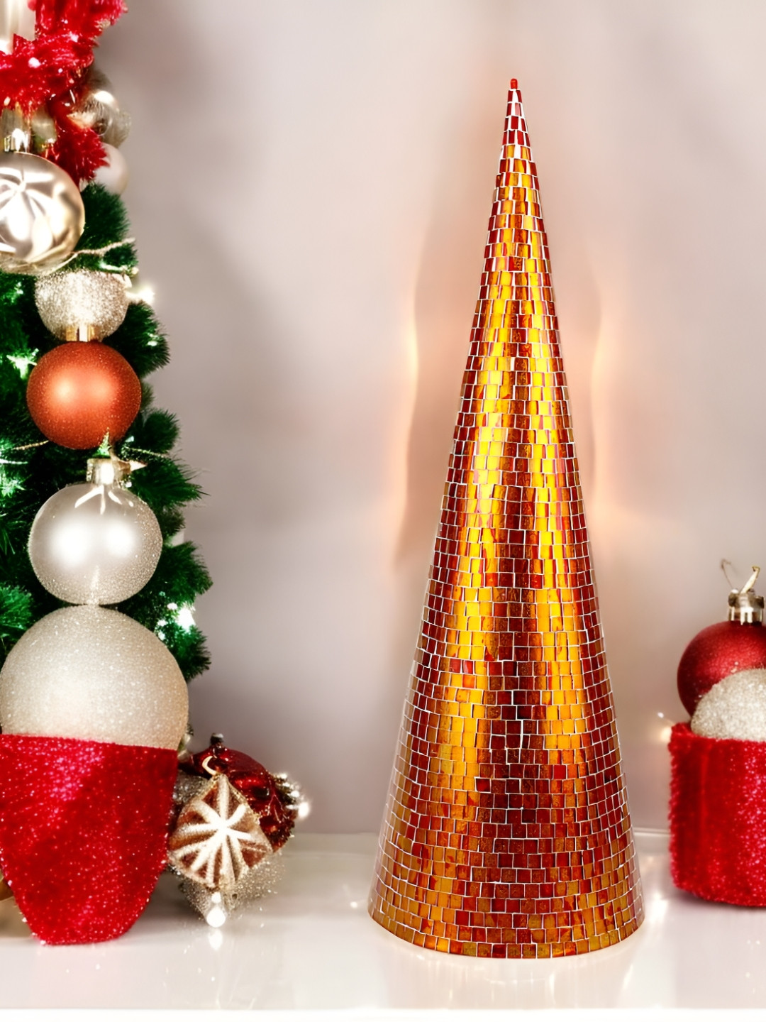 Hind Decor Red and Gold-Toned Metallic Textured Christmas Decorative Cone
