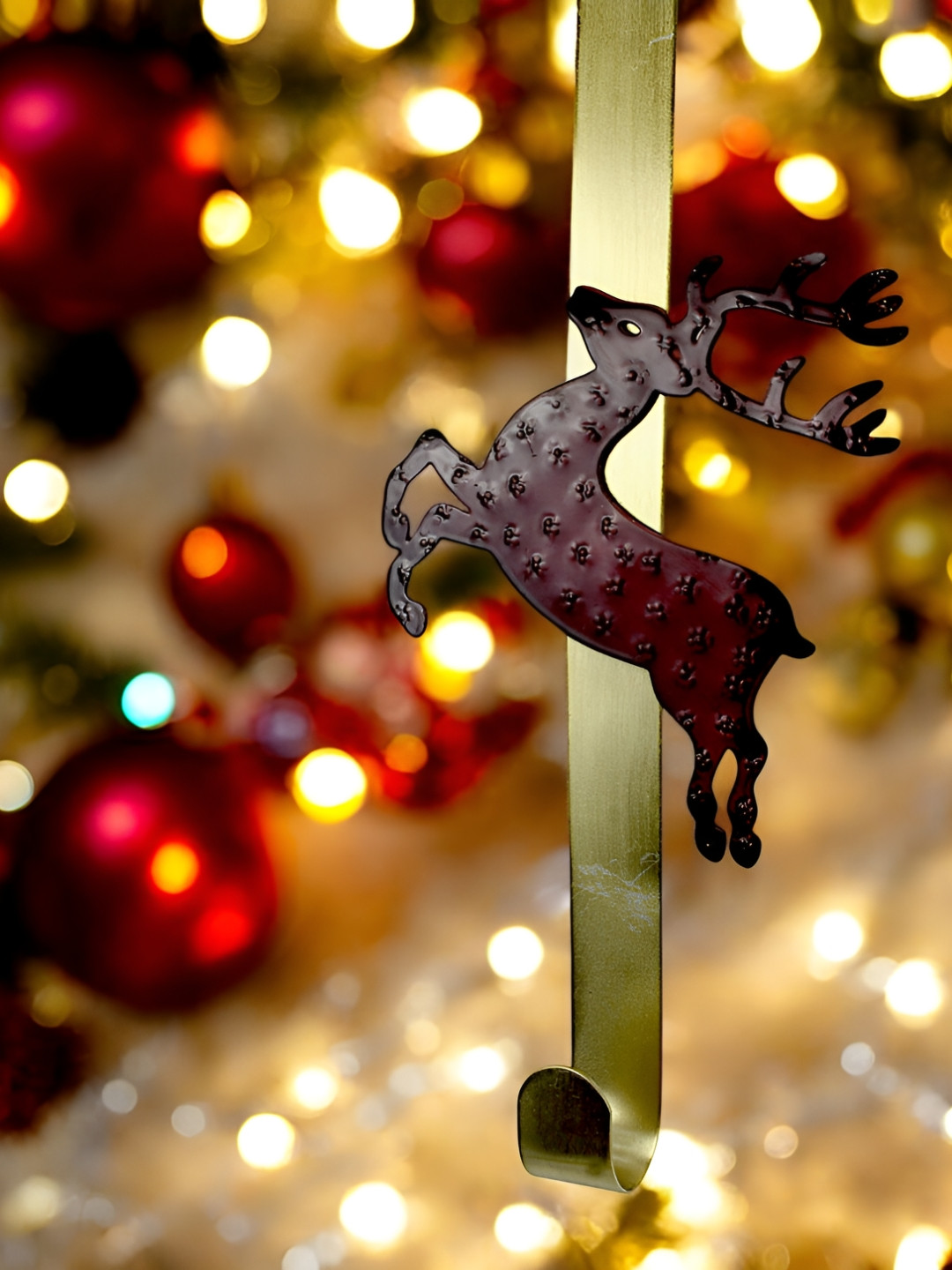 Hind Decor Red & Gold-Toned Metallic Reindeer Shaped Christmas Stocking Holder