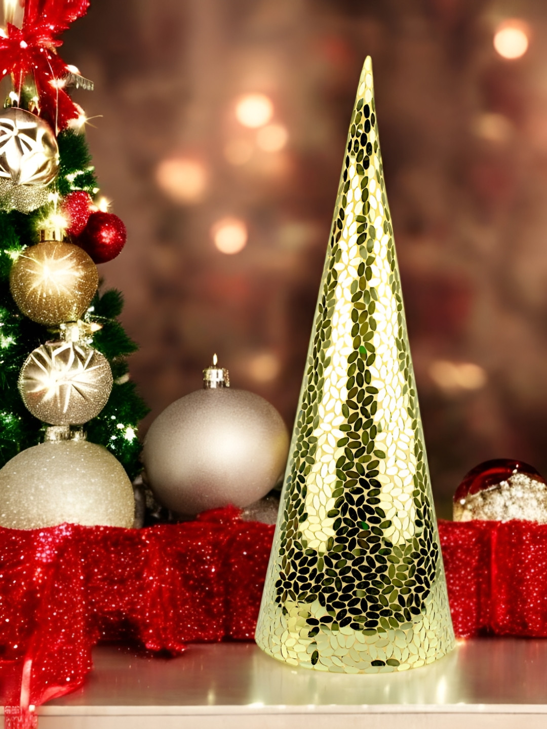 Hind Decor Gold Toned Christmas Decorative Cone Decor