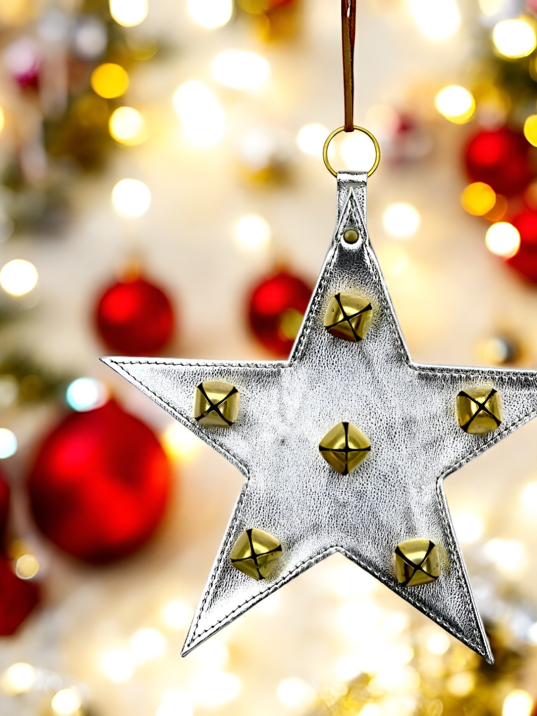Hind Decor Silver-Toned & Gold-Toned Textured Hanging Christmas Star Ornament With Bells
