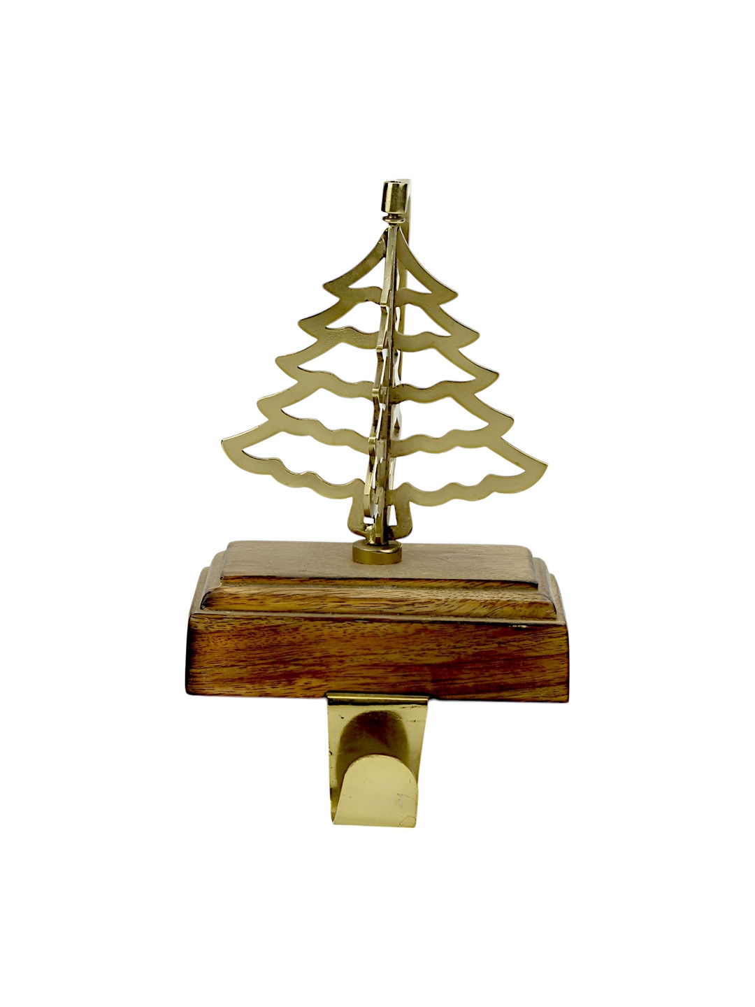 Hind Decor Gold-Toned & Brown Rotating Christmas Tree On Wooden Stocking Holder