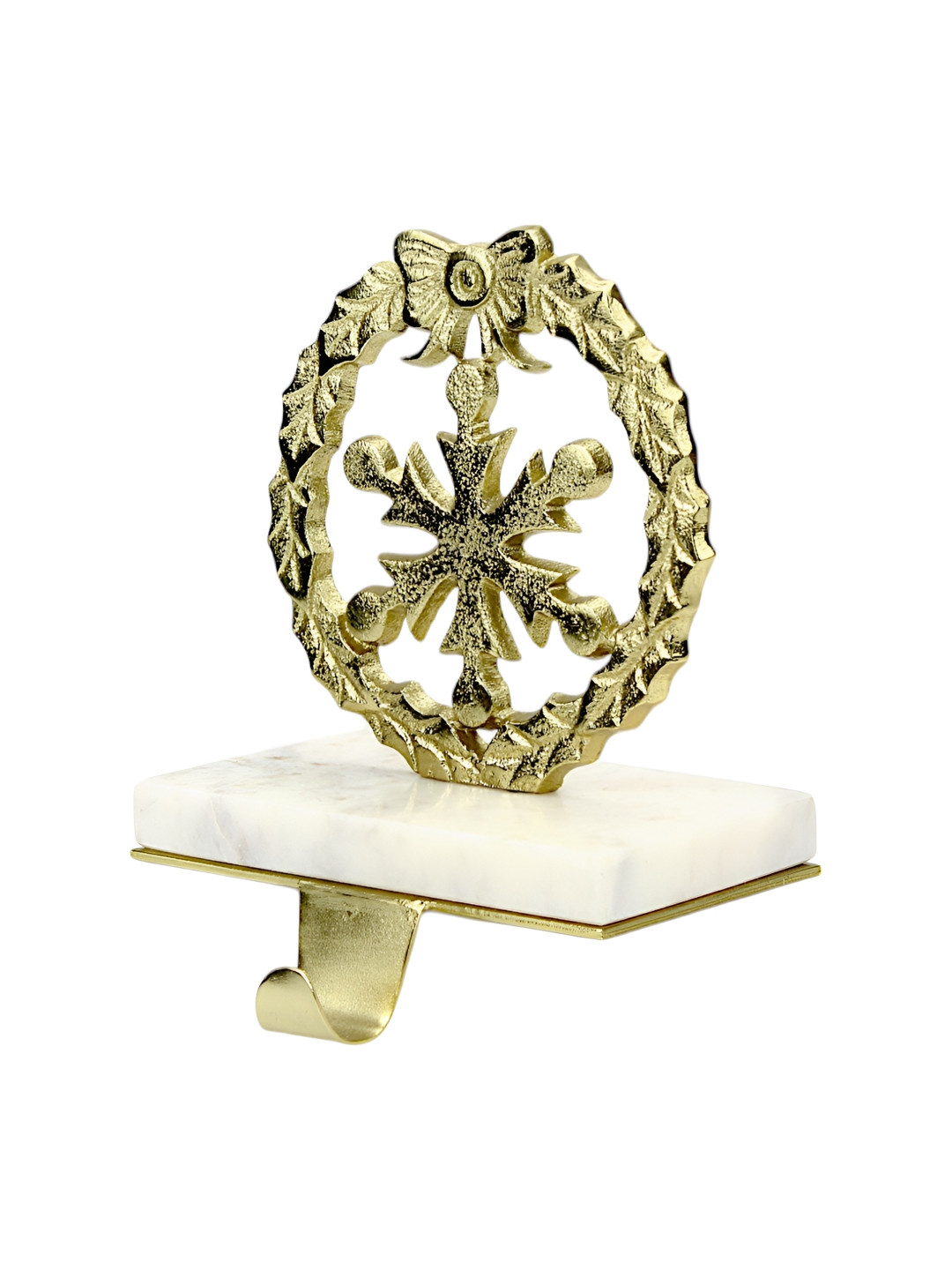 Hind Decor Gold-Toned & White Snow Flakes On Marble Base Festive Decor