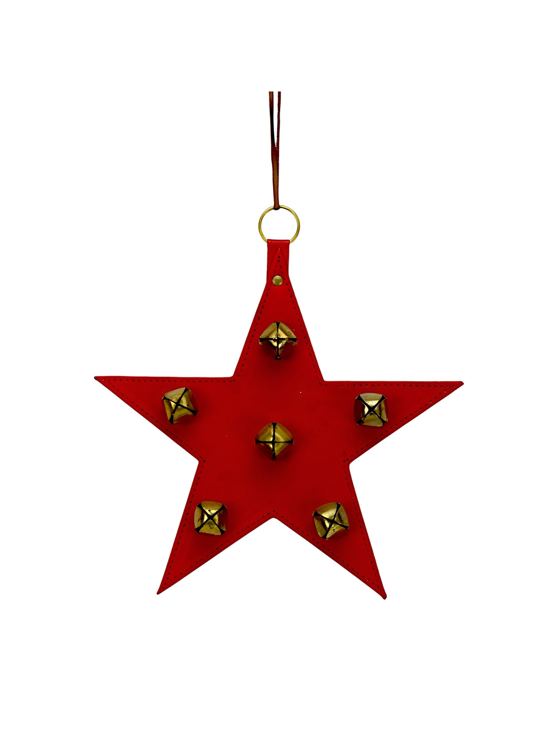 Hind Decor Red & Gold-Toned Iron Hanging Christmas Star With Bells Festive Decor