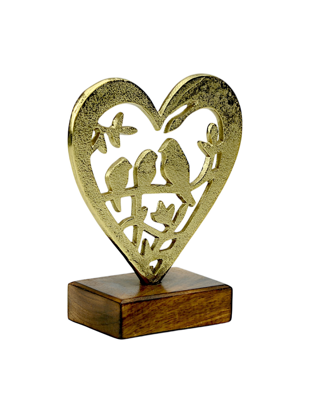 Hind Decor Gold-Toned Textured Aluminium Heart Shaped Bird In Nest Wooden Base